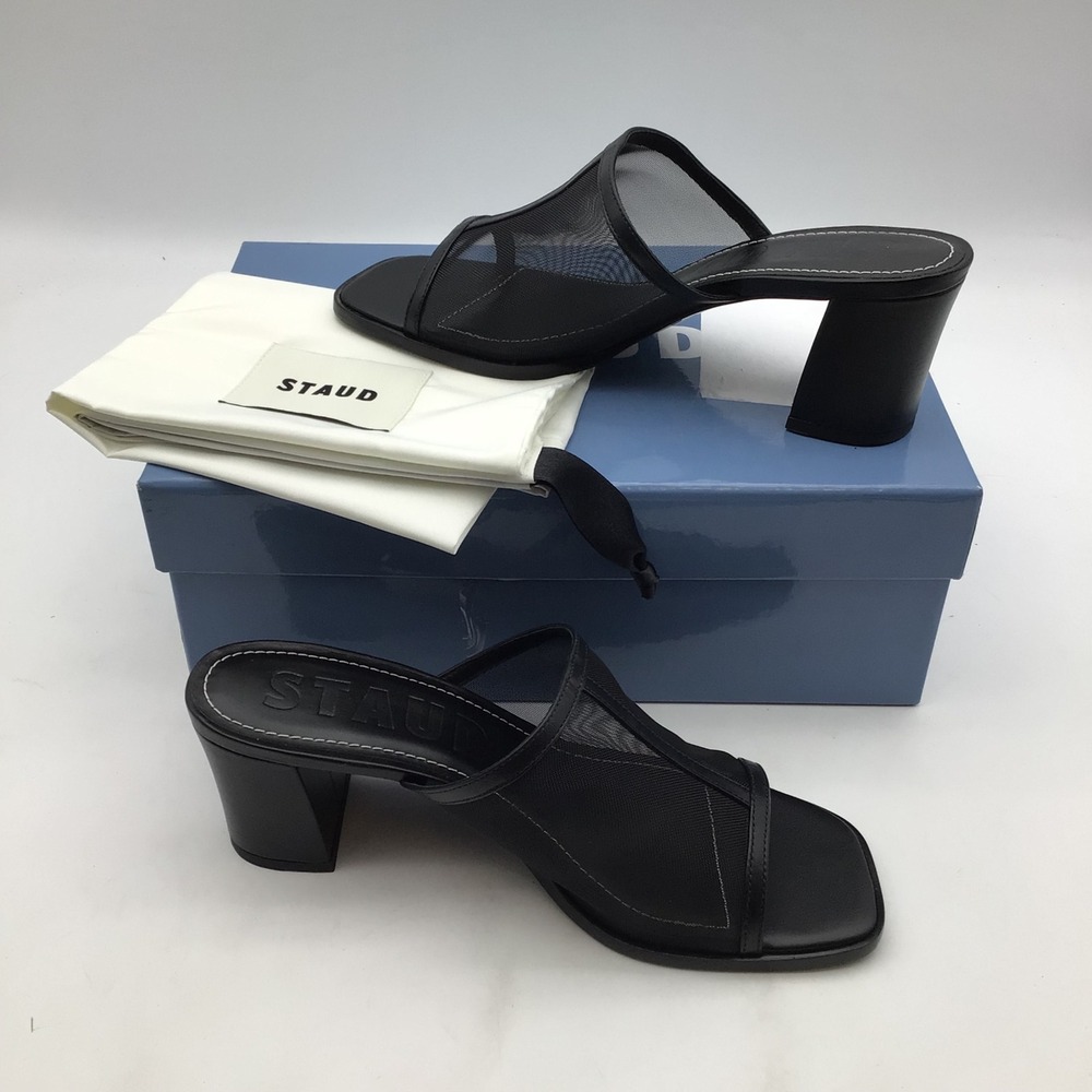 STAUD Alessandra Heel Black Mesh Square Toe Block Heel Mules Size EU 39 US 9 NEW - Picture 2 of 7